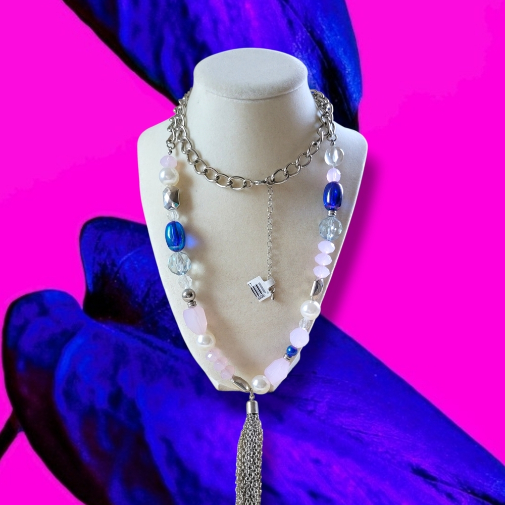 NWT Long Silver Tone Blue/Pink Crystal Faux Pearl Bead Tassel Necklace